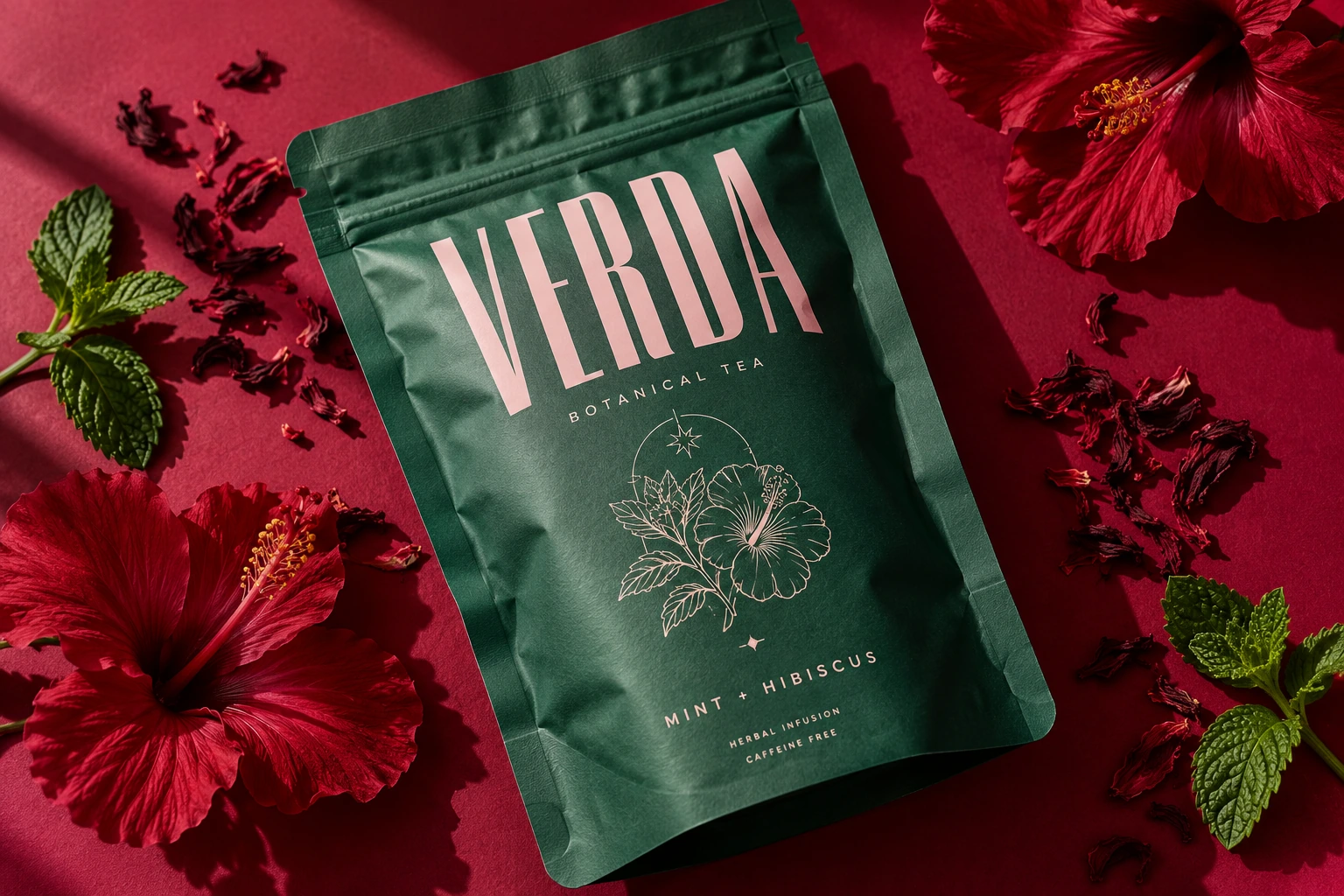 VERDIA botanical tea pouch with hibiscus and mint in a Shopify product video concept