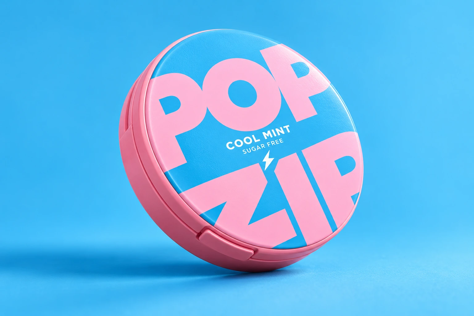 Pink and blue POP ZIP mint tin in a colourful product motion graphics concept