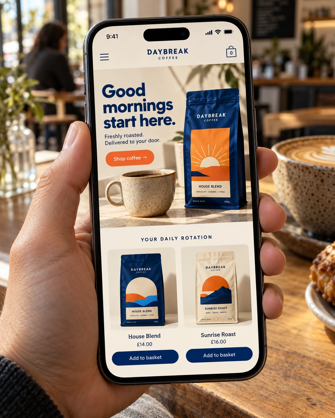 Daybreak Coffee mobile ecommerce website with product listings and shopping basket