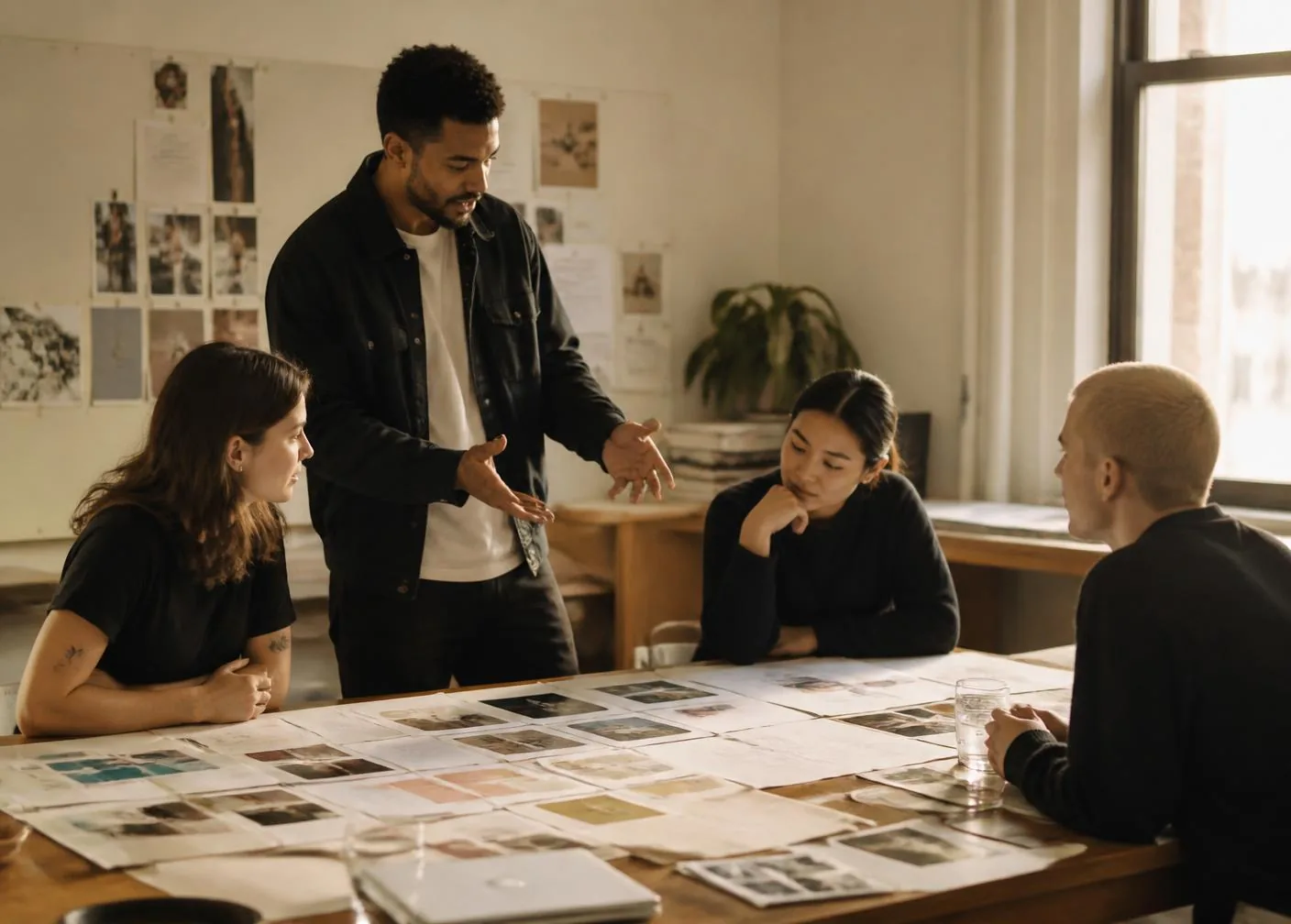 A small creative team reviewing printed layouts around a large table