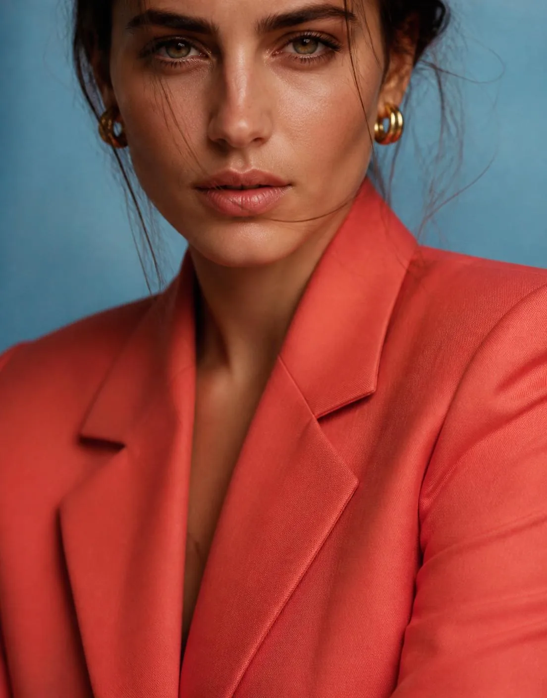 Editorial portrait of a creative director in a coral jacket